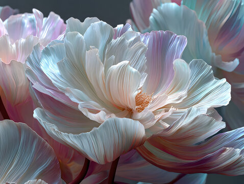 "Ethereal lotus-inspired abstract gradient. Pale pin, soft pearl white, and getle aqua tones layered in ilky translucent petal veis."