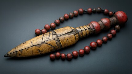 Ornate Wooden Dagger with Red Beads on Dark Background