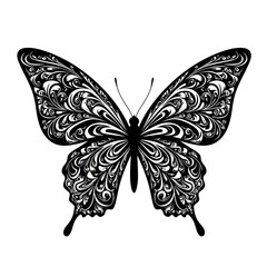 Elegant black and white butterfly illustration with intricate swirling patterns, a beautiful decorative art piece perfect for design projects and creative endeavors, showcasing natural grace