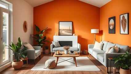 Warm and inviting interior design, minimalist living room with mid-century contemporary furnishings, wood floors, orange accent walls, potted plants, candle lamps, and ornamental round spheres, 