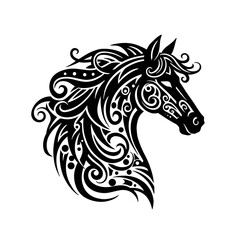 Elegant and powerful black tribal style horse head illustration, featuring intricate swirling patterns and ornamental details, perfect for symbolic or decorative design projects