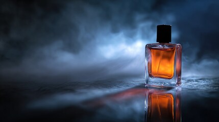 A smooth square perfume bottle sits steadily on the floor of an empty room, with dark clouds in the background, highlighting the streamlined shape of the bottle.
