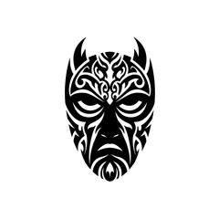 Intricate tribal mask illustration featuring bold black and white ornate patterns, embodying ancient mystic spirits and cultural artistry