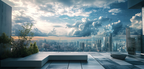 rooftop terrace with a simple concrete seat, offering a panoramic view of a futuristic city skyline under a dramatic cloudy sky.