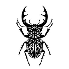 Stylized black stag beetle illustration with intricate tribal patterns, a symbol of natural power and unique design