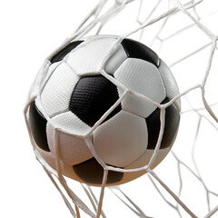 Naklejka premium Soccer Ball in Net Isolated on Transparent Background, Classic Sports Equipment, Goal Concept