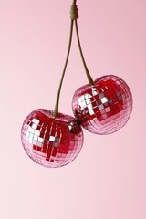 Pair of cherries, reflective disco balls, suspended soft pink background, shiny metallic effect, postcard banner, food berries creative glitter, festive unique concept, fruit, design, art, fashion.