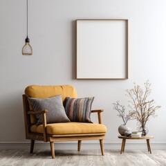 A muted, warm-toned room features a mustard yellow armchair, decorative pillows, and a minimalist wooden coffee table, creating a serene and inviting atmosphere.