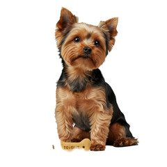 Adult Yorkshire Terrier dog with shiny fur, precisely seated, looking curious with a bone biscuit on a clean transparent studio background, commercial pet product advertising concept