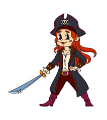 Groovy funny pirate girl or corsair sailor and woman captain character, cartoon vector. Groovy Caribbean pirate personage of girl corsair character in tricorne hat with skull crossbones and sword