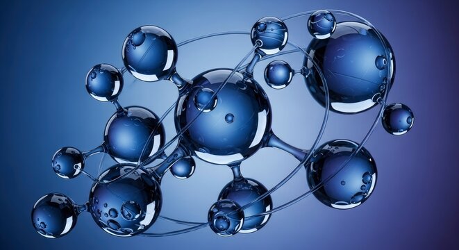 A cluster of transparent blue spheres interconnected by translucent rods and curved lines suspended against a gradient blue background Reflections and internal bubbles are visible