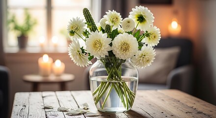 White Dahlias in Vase with Cozy Home.