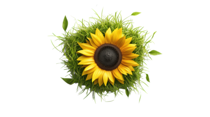 Sunflower with Grass and Leaves on Transparent Background