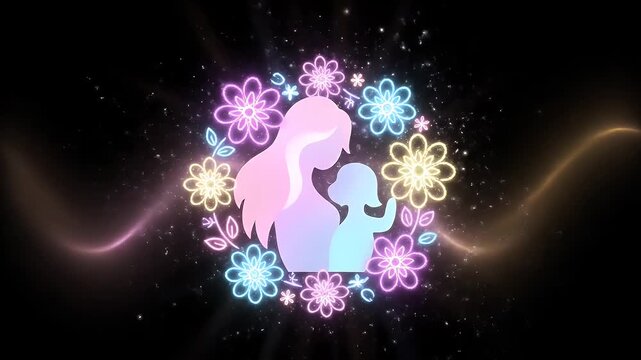 Glowing neon floral wreath encircles a tender silhouette of a mother embracing her child against a dark, ethereal background, symbolizing maternal love.