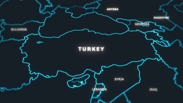 3D world digital glowing map animation of Turkey.