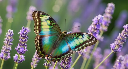 Obraz premium A colorful butterfly with iridescent blue and green wings rests on fragrant purple lavender flowers in a soft focus natural setting