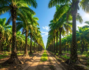 Obraz premium A vast landscape of palm oil plantations lined up neatly