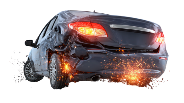 Rear-end car crash showing a compacted trunk and damage on transparent background