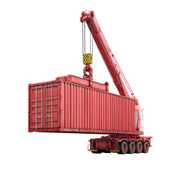 Red cargo container being lifted on transparent background