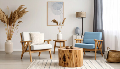 Fototapeta premium Modern minimalist japandi living room interior design cozy home stylish furniture arrangement bright and airy space contemporary viewpoint