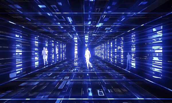 Pulsating digital tunnel video where shifting gridlines distort and shadowy forms appear briefly in an eerie sci-fi atmosphere