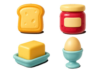 Fototapeta premium Assortment of classic breakfast elements: golden brown toast, red jam jar, yellow butter stick, and a light brown egg in a blue cup