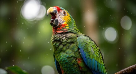 A colorful parrot with an open beak captured in a moment of vocalization during a light rainfall in a lush natural setting
