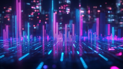 Fototapeta premium Futuristic Cityscape Neon Lights Digital Buildings Technology Background
