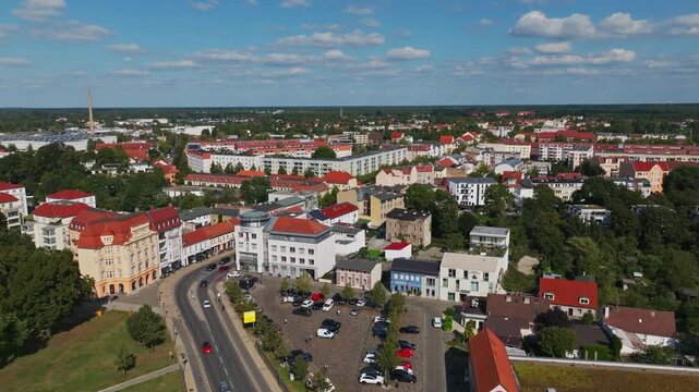Aerial drone view of Oranienburg, Germany, showing the historic town center , and surrounding countryside on a sunny day . 15 September 2024