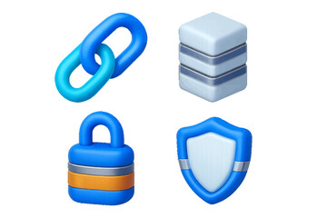 Obraz premium 3D icon set for web security and data management featuring a chain link, database server, padlock, and shield symbol