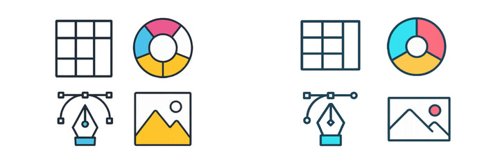 Set of graphic design icons for user interface applications including a layout grid, data pie chart, vector pen tool, and image placeholder symbols in two styles