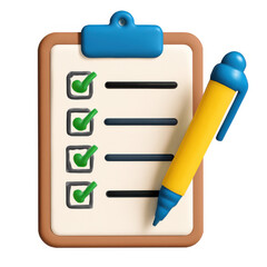 Clipboard checklist with five completed tasks and yellow pen symbolizing productivity white background