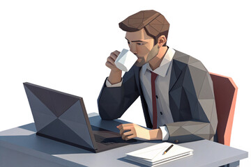 3d illustration of businessman drinking coffee at desk isolated on transparent background
