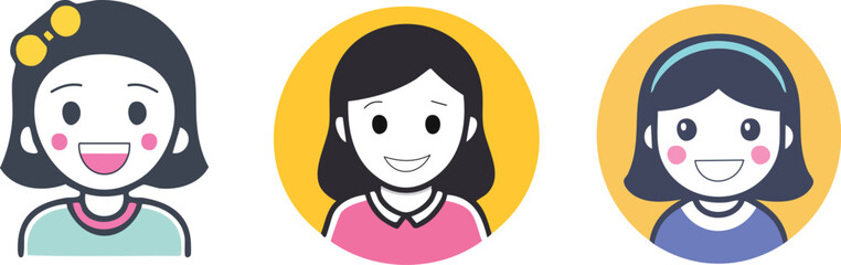 Cheerful Cartoon Female Avatars Set - Happy Smiling Girls User Profile Icons, Flat Vector Design for Web and Social Media