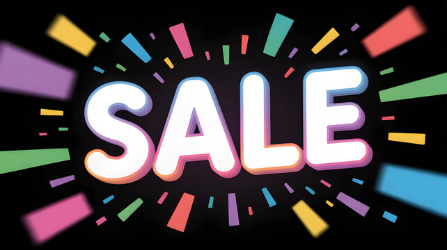 Colorful SALE Text with Bursting Confetti, Neon Lights, Motion Blur and Festive Energy