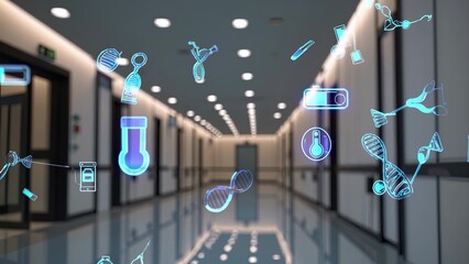 Hallway with many icons and icons. Holograms of medical tools in corridor at a hospital. A futuristic thermometer with a new technology. A corridor filled with numerous symbols and images lifestyle.