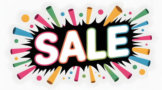 Colorful SALE Text with Bursting Confetti, Neon Lights, Motion Blur and Festive Energy - Powered by Adobe