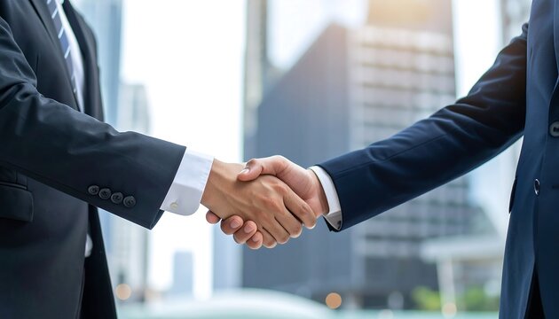 Businessmen close partnership handshake against city building background