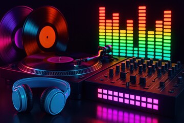 Turntable with mixer, vinyl records, neon headphones, sound equalizer, and LED grid for music remix visuals