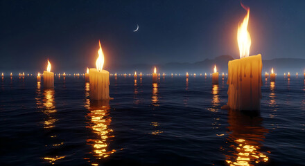 Countless illuminated candles float on the water's surface at night, with a crescent moon in the sky. The scene reflects a sense of peace, remembrance, and sacred ritual.
