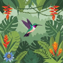 Hummingbird in Lush Rainforest.
