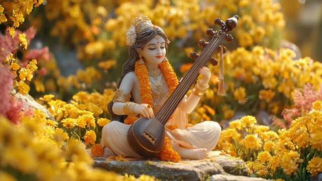 Goddess Radha enchants with her music, surrounded by marigold flowers during Diwali celebrations.