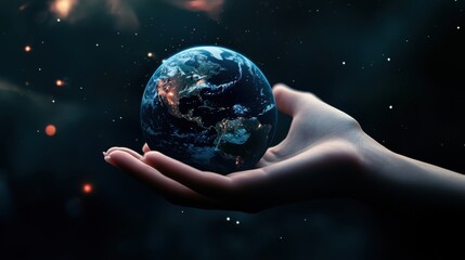 Delicate female hand, smooth skin, holding realistic miniature Earth, deep space reflections, cosmic glow, banner business environment eco poster planet, sustainability concept.