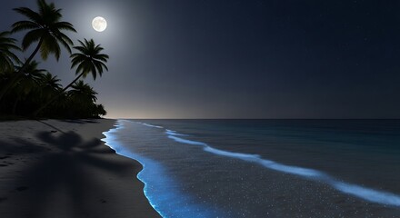 Tropical beach night with bioluminescent waves.