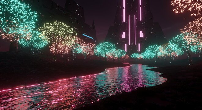 Futuristic AI landscape with towering trees, glowing rivers, and alien structures