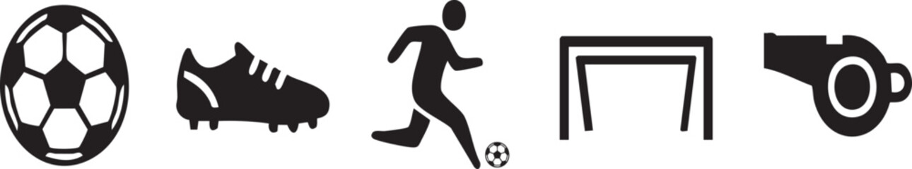 Obraz premium Vector Soccer and Football Icon Set: Ball, Cleats, Player, Goal, and Referee Whistle Symbols