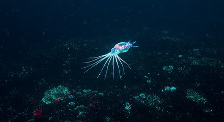 A glowing, bioluminescent creature swimming in an alien ocean surrounded by glowing plants | Creative Modern Art Piece