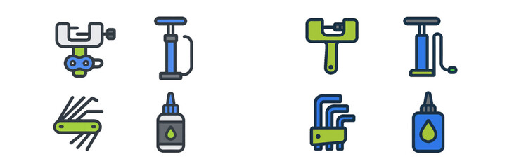 Bicycle repair and maintenance tools icon set with pump, hex key, lubricant, and derailleur on a white background