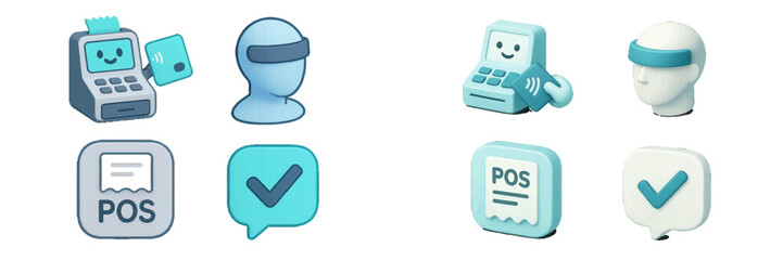 Collection of modern icons representing contactless payment, POS terminal, user avatar with VR headset, and transaction confirmation