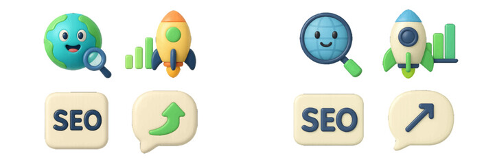 Three-dimensional SEO icon set for digital marketing and business growth featuring a rocket launch, global search, and data analytics symbols